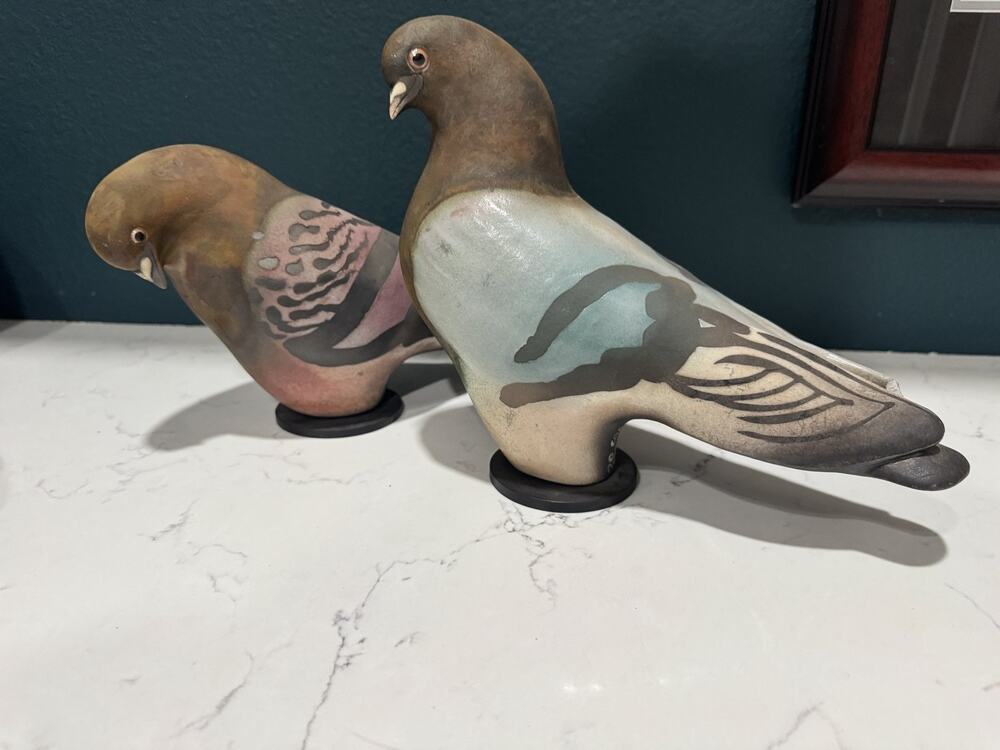 Glo Coalson Raku Pottery Pigeon Dove Sculptures Set of 2 Signed 1986 1989 /150